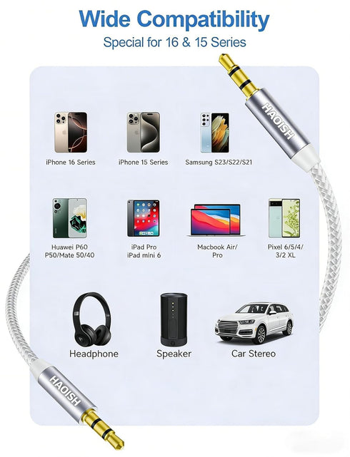 HAOISH 30 3.5 mm Braided-1/8 Aux Cord FT, Audio Cable Nylon Male to Male Auxiliary Stereo Jack Cables for Car/Home