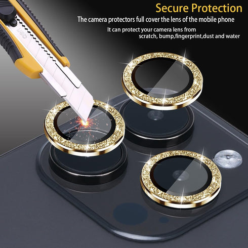 Camera Lens Protector for iPhone 14 Pro & Pro Max, Tempered Glass with Aluminum Alloy Ring - Glitter Gold