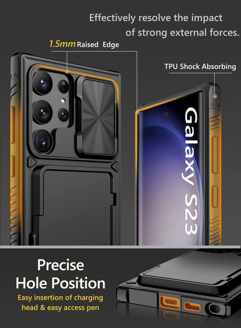 Vihibii Wallet Case for Samsung Galaxy S23 Ultra 5G, Black with Card Holder (4 Cards), Sliding Camera Cover & Kickstand