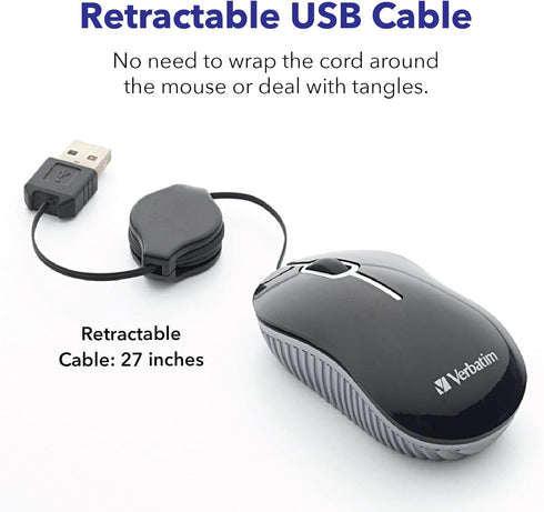 Verbatim 98616 Wired Optical Computer Mini USB-A Mouse - Plug & Play Corded Small Travel Mouse with Retractable Cable