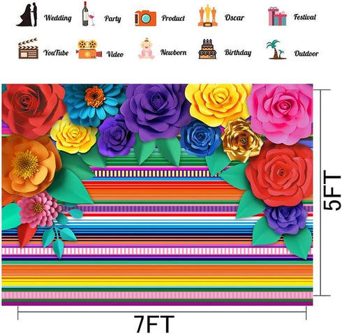 Mexican Theme Party Striped Backdrop - Fiesta Cinco De Mayo Paper Flowers Background for Cake Table Decor
