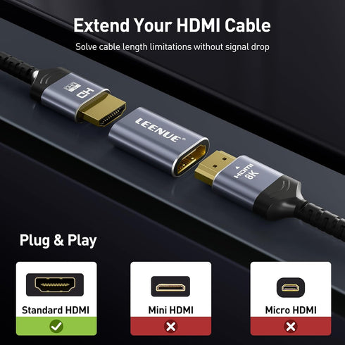LEENUE 8K 1 Pack 2.1 8K@60Hz 4K@120Hz HDMI Coupler Female to Female Connector, HDMI Aluminum Adapter, Supports /