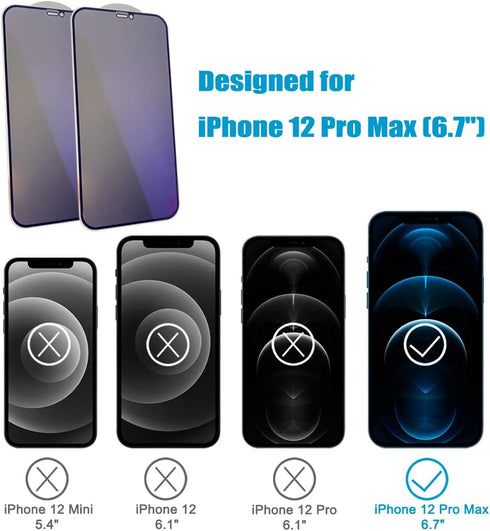 2-Pack Anti Blue Light Privacy Screen Protector for iPhone 12 Pro Max 6.7", 9H Super Hardness Scratch Resistant,