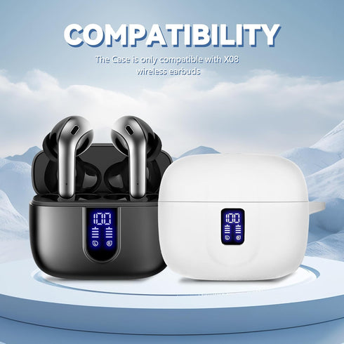 ?with LED Display Window? Case for TAGRY X08 Wireless Headphone, Earbuds Case Cover Compatible with TAGRY X08 Wireless Headphone, Silicone Protective Case with Keychain, with Cleaning Pen - White