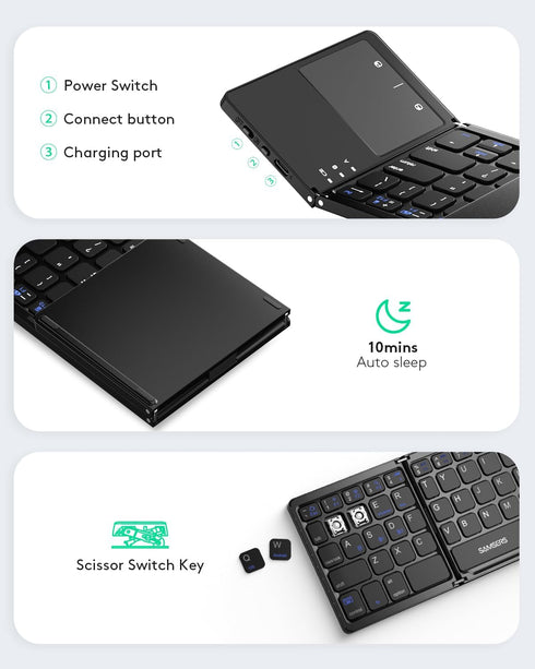 Samsers Multi-Device Foldable Bluetooth Keyboard with Touchpad, Rechargeable Wireless Keyboard for Android Windows iOS