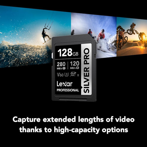 Lexar 128GB Professional SILVER PRO SDXC Memory Card, UHS-II, C10, U3, V60, Up to 280MB/s Read for Video