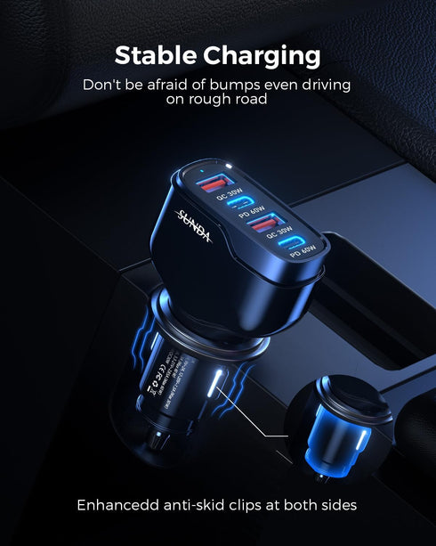 SUNDA 120W USB C Fast Car Charger, 4-Ports Cigarette Lighter Adapter, USB C Phone Charger Adapter