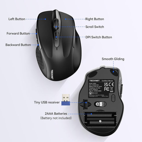 TECKNET Wireless Silent Mouse, Quiet Click, 2.4G Optical Mouse, 4000 DPI, for Laptop, Chromebook, Black