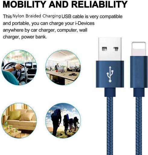 RoFI Phone Charger Cable, 2Pack 2 Feet Nylon Braided Fast Charging USB Cord for Phone X, 8, 7, 6s, 5 (Blue)