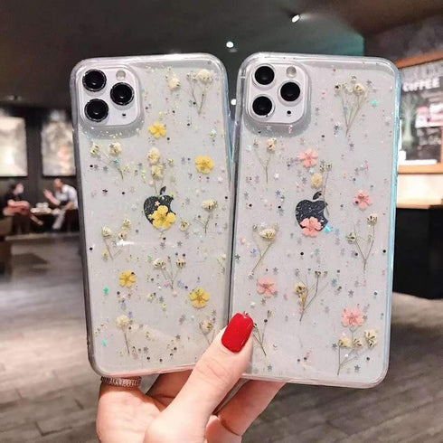 YTanazing Flowers for iPhone 12/12 Pro, Cute Real Flower Glitter Case, Pink Flowers