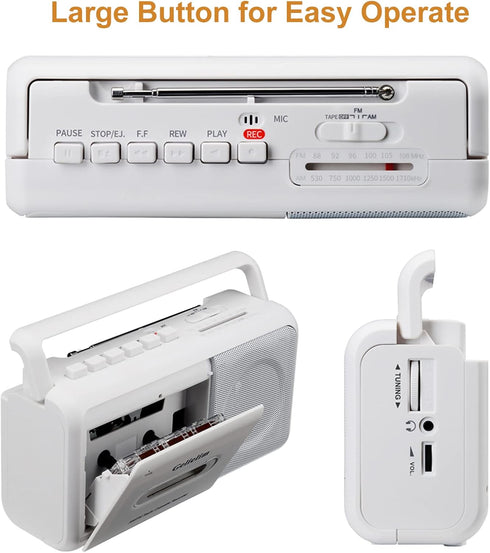 Gelielim Portable AM/FM Radio Stereo Cassette Player Boombox with Big Speaker and Earphone Jack, Battery Operated