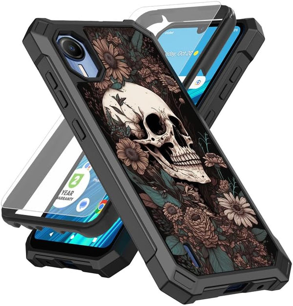 Cricket Debut S2 / Att Calypso 4 Phone Case with Screen Protector, Skull Flowers, Slim TPU Rugged Corners Bumper