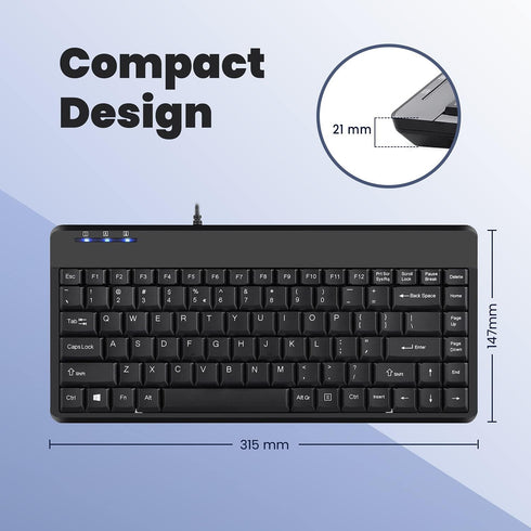Perixx PERIBOARD-409U Wired USB Mini Keyboard, Black, US English Layout