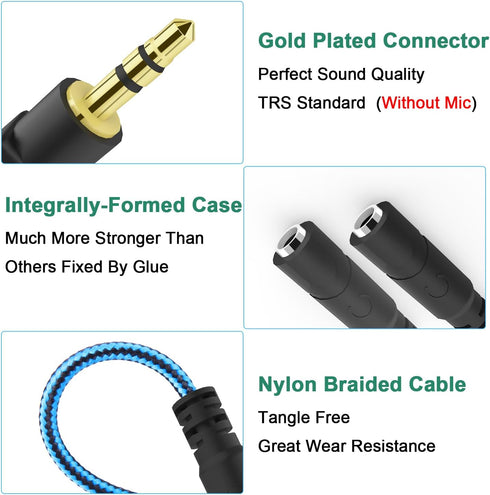 Headphone Splitter for 2 Headphones, 2 Way 3.5mm Adapter Aux Cable Mini Jack Male to Dual Female