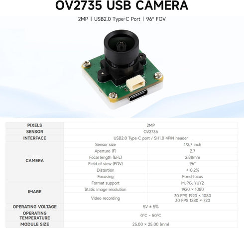waveshare OV2735 2MP USB2.0 SH1.0 4PIN USB Camera (A), Supports Type-C Port and Header