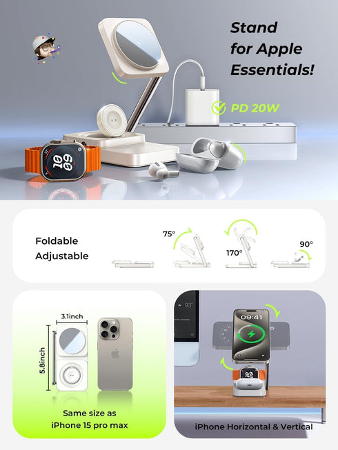 LISEN iPhone Charging Station for Magsafe Charger Stand, 3 in 1 Charging Station for Apple 15W, Fits iPhone 16/15/14