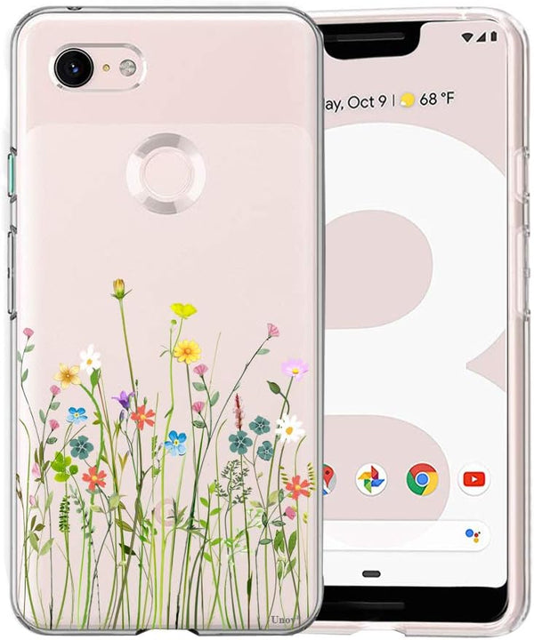 Unov Pixel 3 XL Case, Clear with Design Soft TPU Shock Absorption Slim Embossed Floral Pattern (Flower Bouquet)