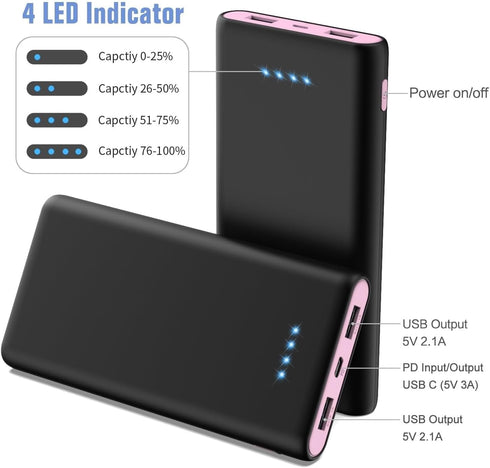 Ekrist 25,800mAh,5V/3A IC,3 Pack 17 16 15,Samsung,Android-Pink Portable Charger Power Bank USB C in&Out Fast Phone