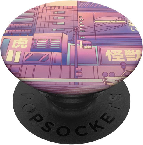 Pink and Purple Japanese City Landscape Vaporwave PopSockets Swappable PopGrip