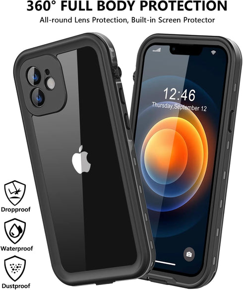 Waterproof Case for iPhone 12 Mini with Built-in Screen Protector, Shockproof Dustproof IP68 Full Body Protection