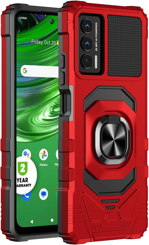 Customerfirst Compatible for Cricket Outlast Case, Att Jetmore Case with Tempered Glass Screen Protector,Ring Kickstand,Military Grade Heavy Duty Shockproof Protective Cover (Red)