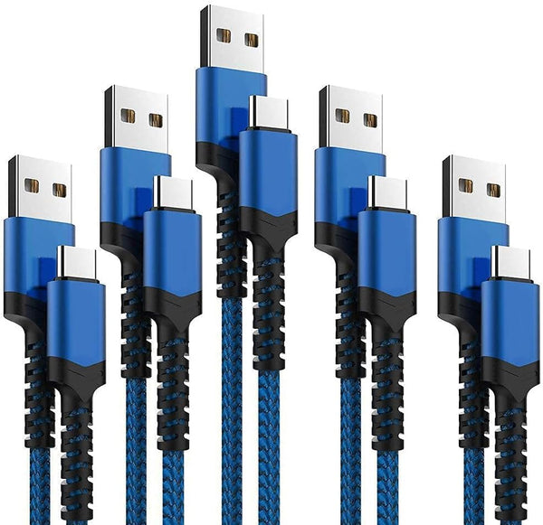 Nylon Braided USB Type C Cable 5-Pack (3/3/6/6/10FT) Fast Charger for Samsung Galaxy S9, LG V30, Google Pixel & More.