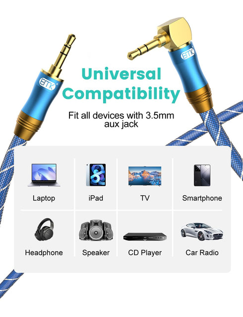 EMK 90 Degree Right Angle Aux Cable - 24K Gold-Plated Audio Stereo Male to Male Cable (2FT/0.6M)
