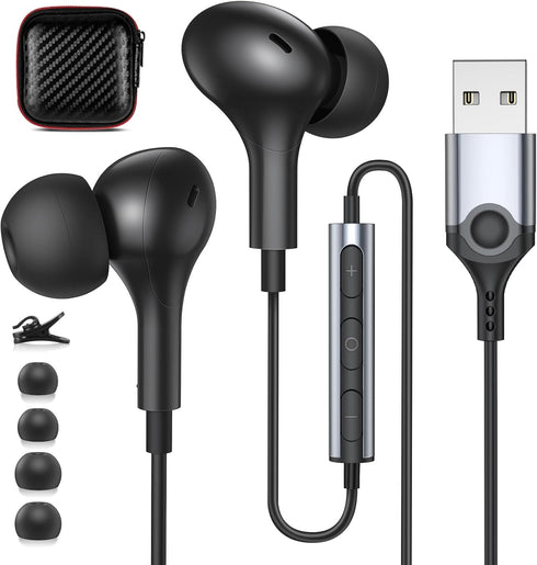 USB Headphones with Microphone for PC, USB A Earbuds for PS5, 2.3M Cord, Magnetic in-Ear Headset for Gaming