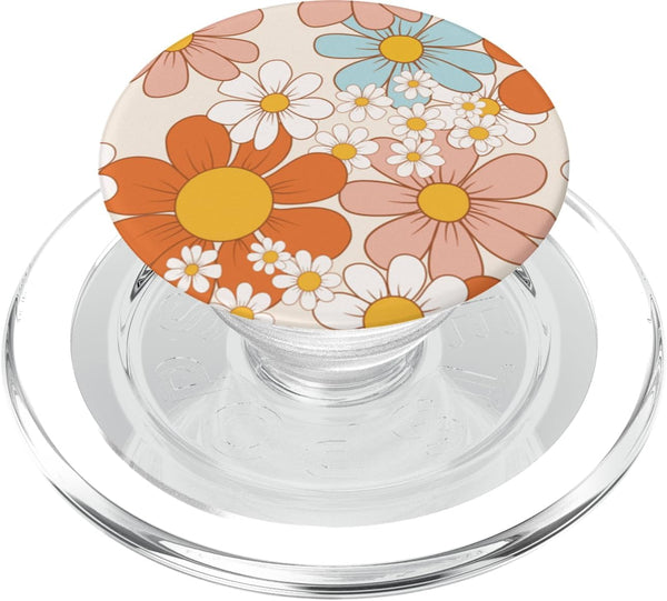 Vintage Retro White Orange Blue Floral Pattern Flower Love PopSockets MagSafe PopGrip for iPhone