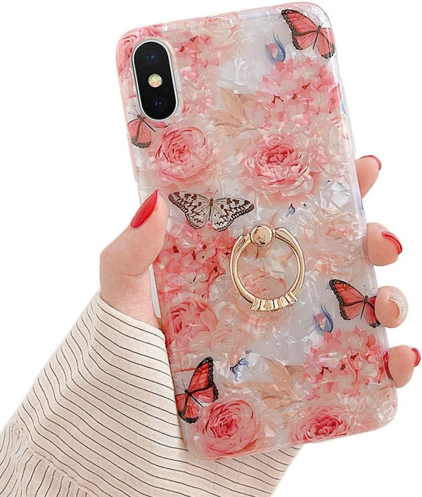 Qokey iPhone Xs Max Case 6.5 inch, Clear Flower Design with 360 Degree Rotating Ring Stand Holder - Rose Butterfly