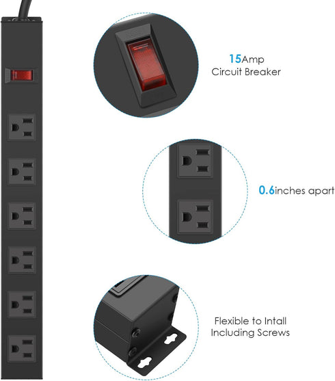 Metal Wall Mount Power Strip, 6 AC Outlets, Aluminum Alloy Socket with Switch, 3 FT Power Cord, Black