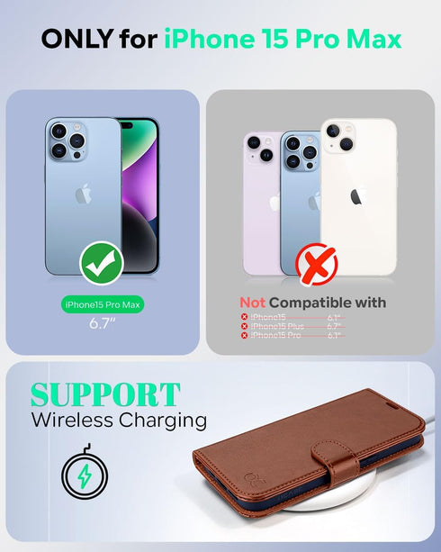 OCASE Wallet Case for iPhone 15 Pro Max, Brown, PU Leather Flip with Card Holders & RFID Blocking