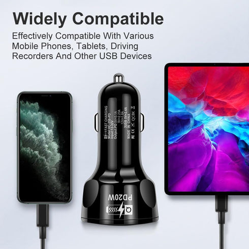 4 Port USB Fast Charging Car Charger, 3 * 2.4 A USB/1 PD20W LED Light, Compatible with iPhone 14 13 12 11 Pro Max,