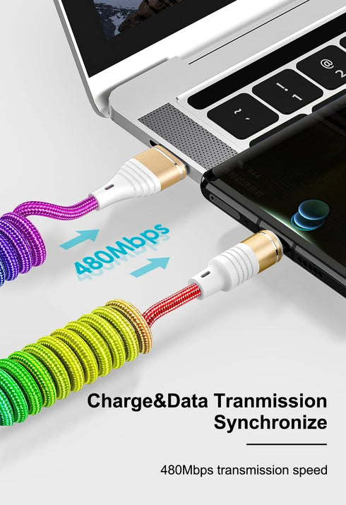 Rainbow Coiled Fast Charging Cable, USB C Spring Retractable Charger Cable for Car, 3FT Nylon Braided Type C Data