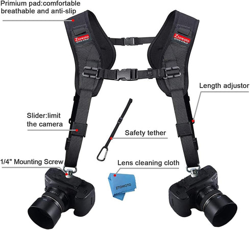 ztowoto Camera Shoulder Double Strap Harness with Quick Release Adjustable Dual Camera Tether Strap and Lens Cleaning