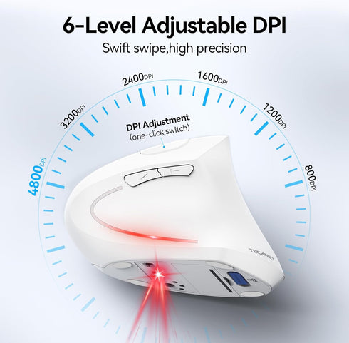 TECKNET 4800 6 2.4GHz 12 6 Ergonomic Mouse, Wireless Bluetooth Vertical Mouse, DPI Optical Tracking, Adjustable DPI