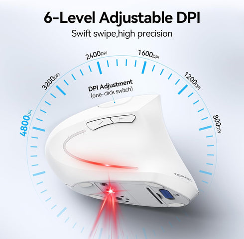 TECKNET 4800 6 2.4GHz 12 6 Ergonomic Mouse, Wireless Bluetooth Vertical Mouse, DPI Optical Tracking, Adjustable DPI