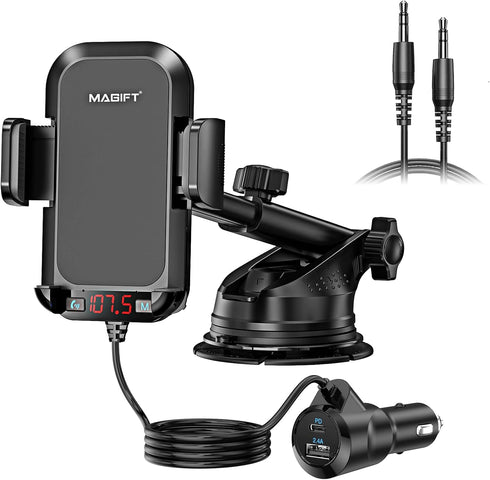 54W Bluetooth 5.3 FM Transmitter Car Adapter, 3-in-1, HiFi Bass Sound, Hands-Free Calling, Phone Holder