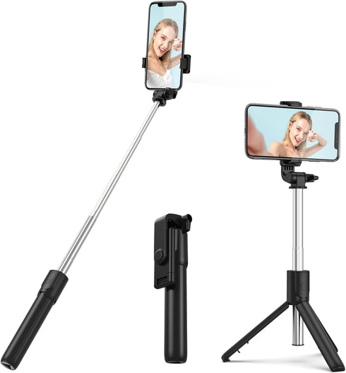 Selfie Stick with Tripod Stand and Wireless Remote for Phones, Live Streaming and Photography (Black)