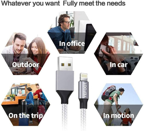 Apple MFi Certified 6-Pack Lightning Cables (3/3/6/6/6/10FT) for iPhone 14 Pro/13/12/11 - Fast Charging, Silver & White.