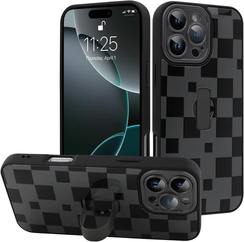 LEOMAKRON for iPhone 16 Pro Case with Finger Strap Kickstand, Cute Checkered Checkerboard