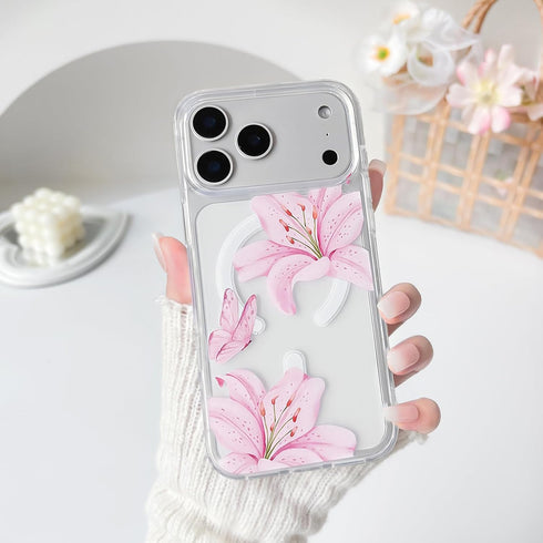 NITITOP 17 Compatible for iPhone Pro Max Case Clear Magnetic Compatible with MagSafe Cute Lily Flowers Floral for Women