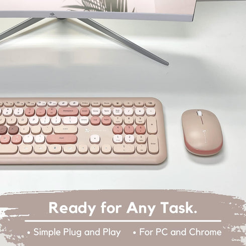 X9 Colorful Wireless Keyboard and Mouse Combo - 2.4Ghz - Cute Set for PC and Chrome (110 Keys, 18 Shortcuts, Brown)