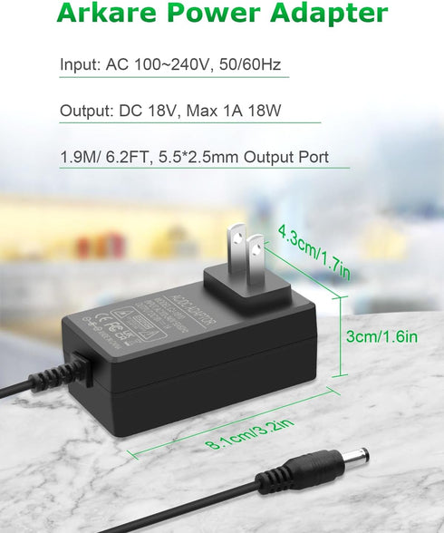 18V 1A 18W DC Power Supply Adapter AC/DC Charger 100V-240V to DC 18 Volt Replacement Power Cord for Camera