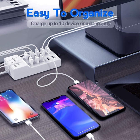 USB Charging Stations, 50W 10A, 10 Ports Multiple Charging Block/Power USB Strip for iPhone, Android, Smartphone,