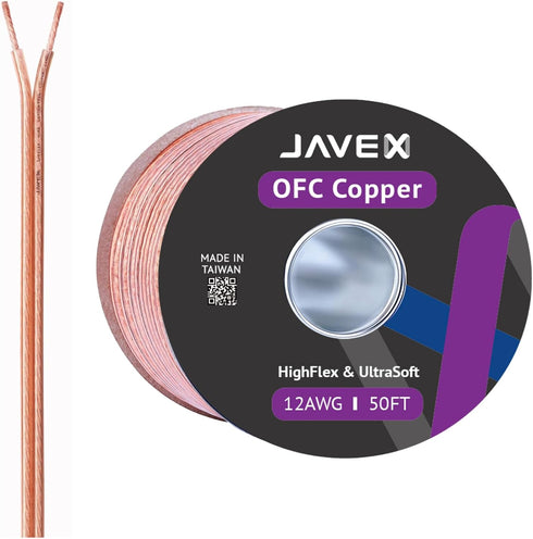 JAVEX 12-Gauge AWG Speaker Wire, 50 FT, Oxygen-Free Copper Cable for Hi-Fi Systems, Amplifiers, Home Theater