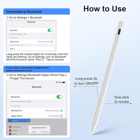 Stylus Pen for iPad (2018-2023) - USB-C Fast Charging, Palm Rejection, Compatible with Multiple iPad Models