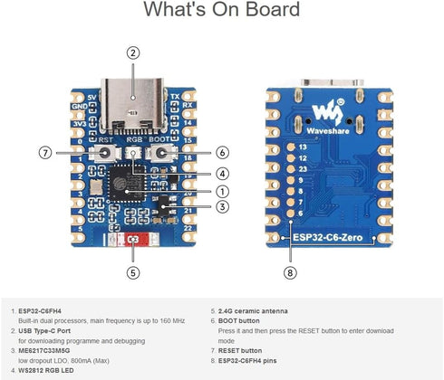 ESP32-C6 Mini Development Board, Based on ESP32-C6FH4 Dual Processors, 160MHz, Support 2.4GHz WiFi 6 & Bluetooth 5