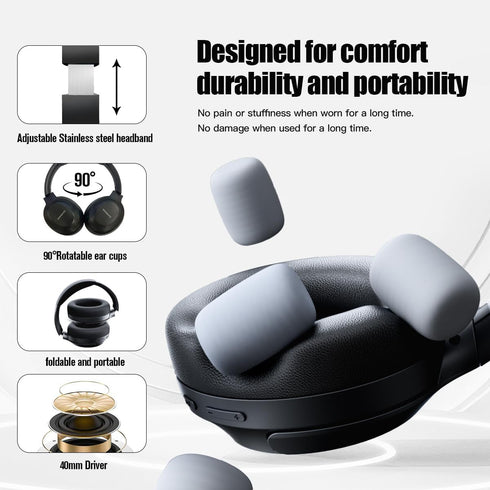 Over The Ear ANC Bluetooth Headphones, 60H Playtime Active Noise Cancelling Wireless/Wired Headphones with Microphone