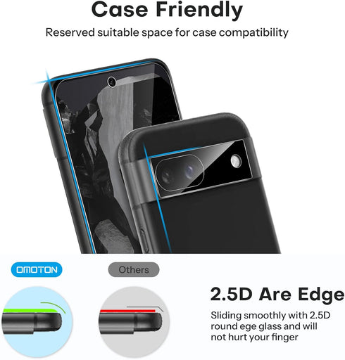 OMOTON 3+2 Pack for Google Pixel 8a: 3 Tempered Glass Screen Protectors & 2 Camera Lens Protectors, 9H Hardness, Case